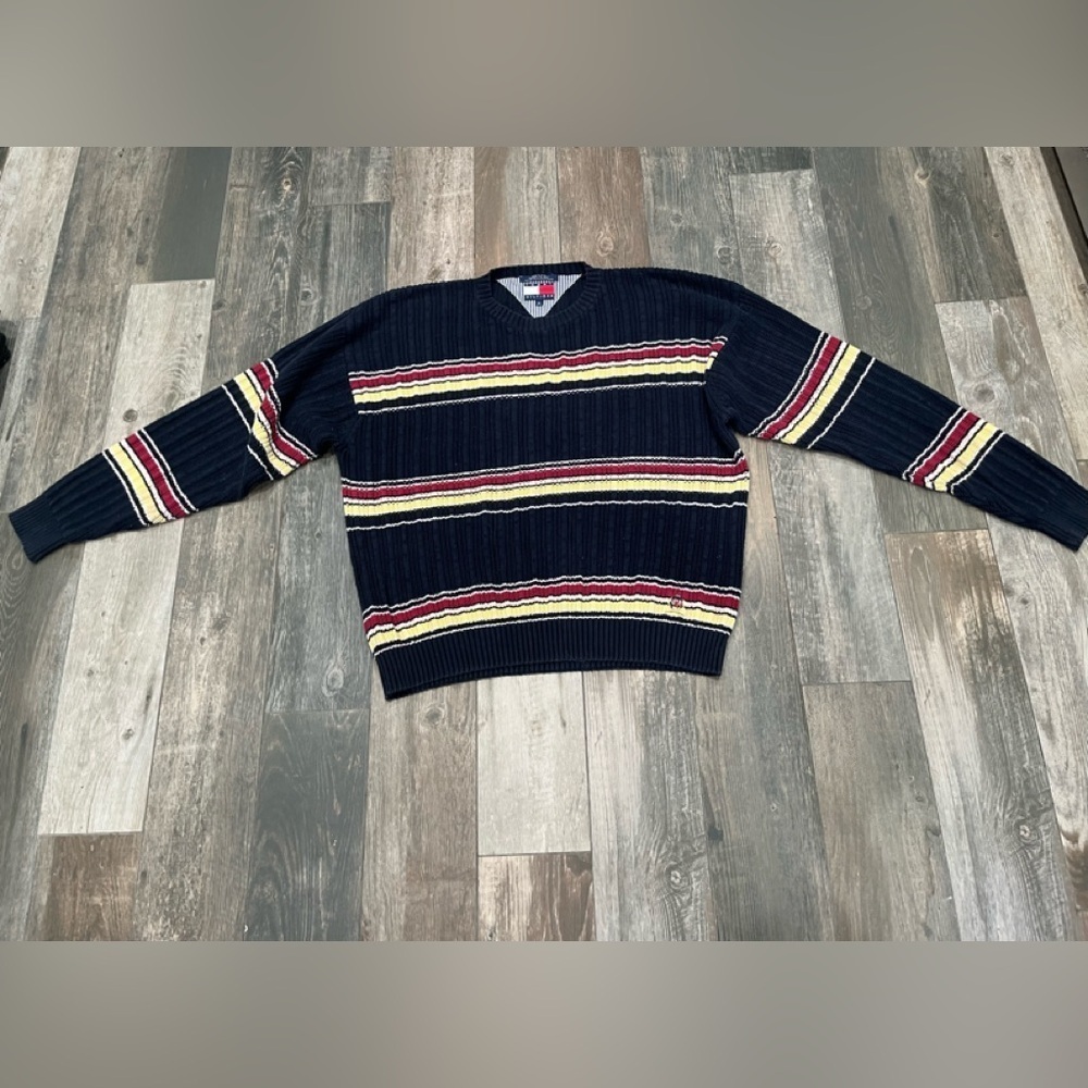 VTG TOMMY HILFIGER Lion Crest Color Block Striped Crewneck Sweater 90s XL